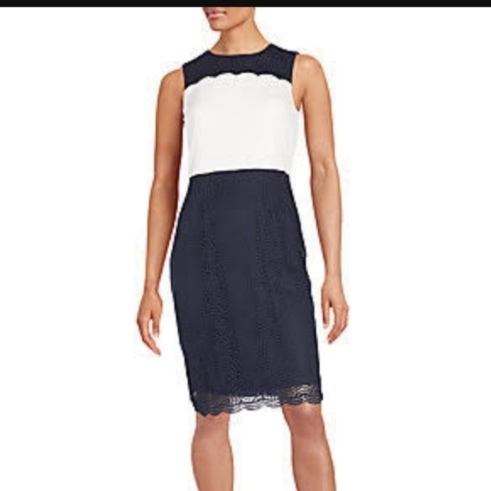 Karl Lagerfeld Lace Pattern Knee Length Shift Dress Navy/White Size 8